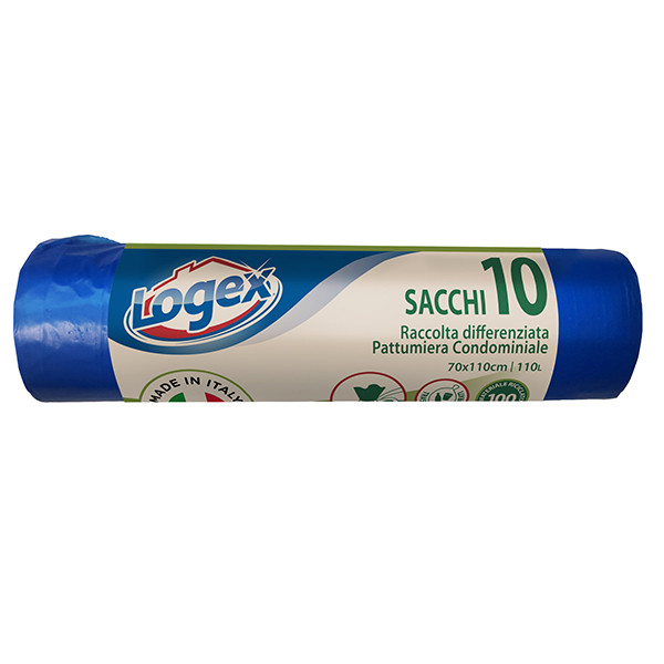 Sacchi per immondizia - 70x110 cm - 120 L - 16 micron - blu - Logex Professional - rotolo da 10 sacchetti