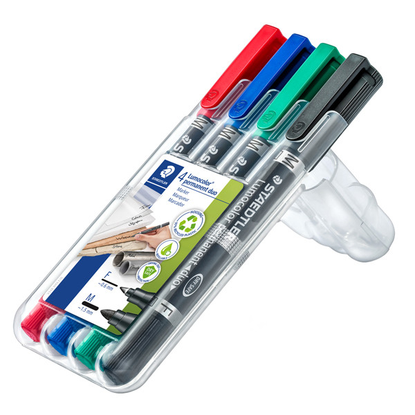 Pennarello Lumocolor Permanent Duo 348 punta feltro - punta 0,6mm e 1,5mm - astuccio 4 colori - Staedtler