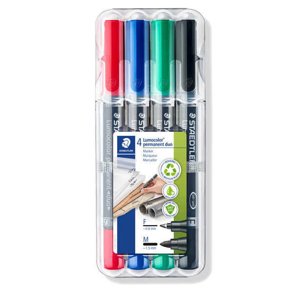 Pennarello Lumocolor Permanent Duo 348 punta feltro - punta 0,6mm e 1,5mm - astuccio 4 colori - Staedtler