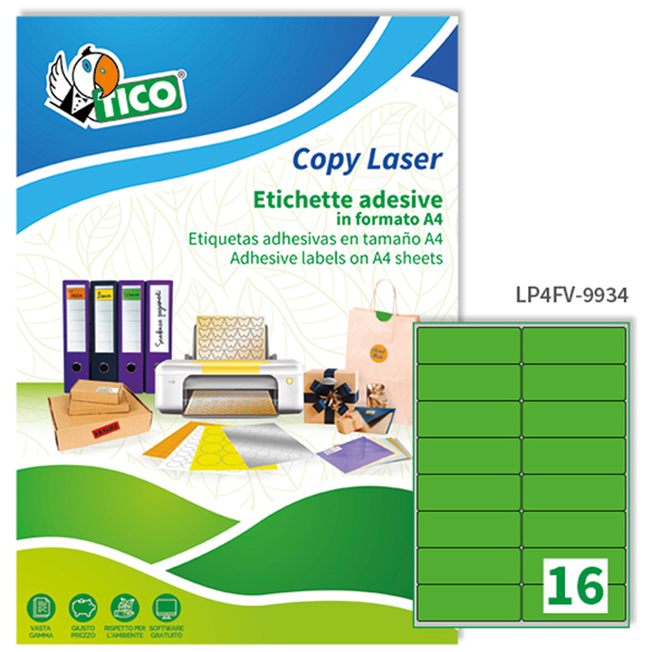 Etichetta adesiva LP4F - permanente - 99,1x34 mm - angoli tondi - 16 etichette per foglio - verde fluo - Tico - conf. 70 fogli A4
