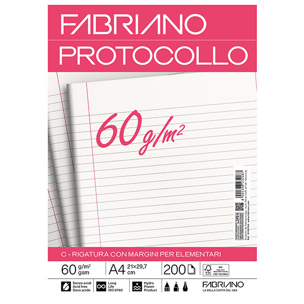 Foglio protocollo - A4 - 1 rigo c/margine - 60 gr - Fabriano - conf. 200 pezzi