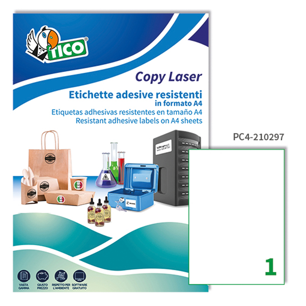 Etichetta in poliestere PC4 - adatta a stampanti laser - permanente - 210x297 mm - 1 etichetta per foglio - trasparente - Tico - conf. 100 fogli A4