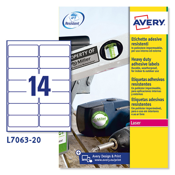 Poliestere adesivo l7063 bianco 20fg A4 99,1x38,1mm (14et/fg) laser avery