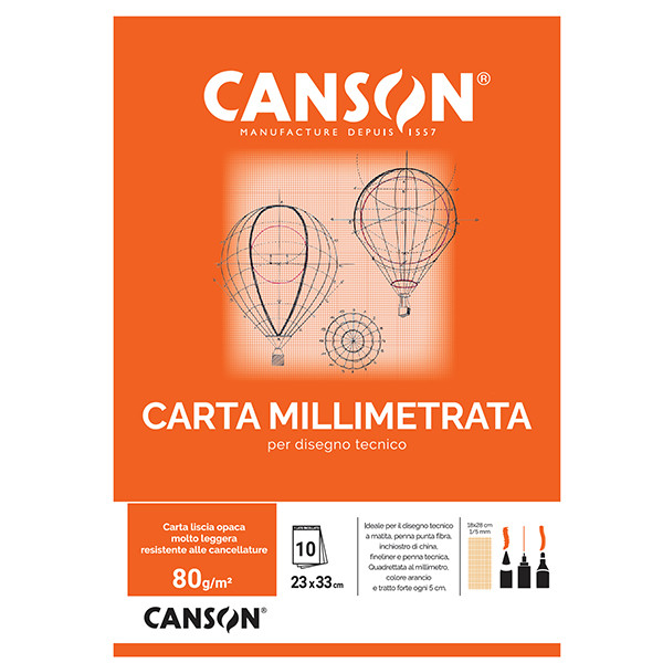 Blocco carta opaca millimetrata - 23 x 33 cm - 10 fogli - 80gr - Canson