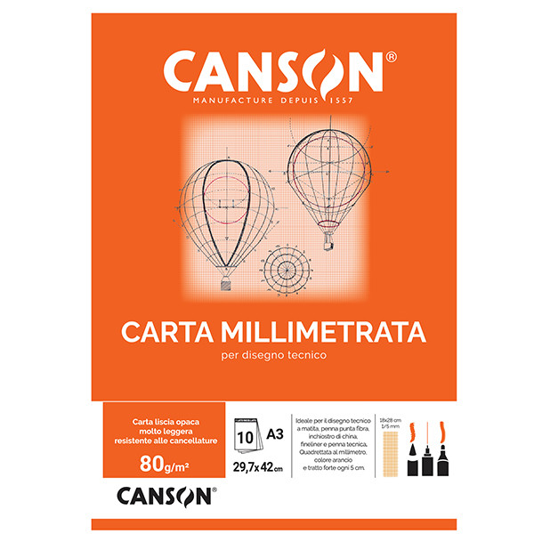 Blocco carta opaca millimetrata - A3 - 10 fogli - 80gr - Canson