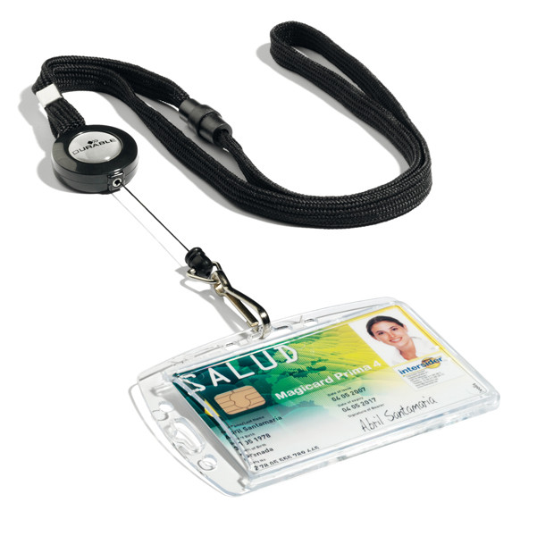 Cordoncino per portabadge - con chiocciola Yo Yo - larghezza 10 mm - filo retrattile da 80 cm - nero - Durable - conf. 10 pezzi