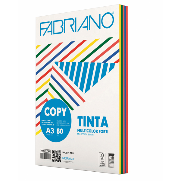 Carta Copy Tinta Multicolor - A3 - 80 gr - mix 5 colori forti - Fabriano - conf. 250 fogli