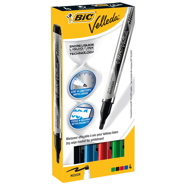 Marcatori Whiteboard Marker Velleda liquid Ink - punta tonda 2,2mm - astuccio 4 colori - Bic