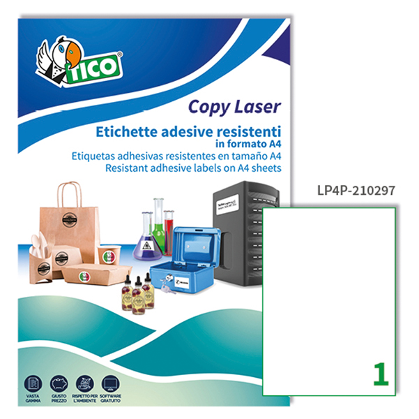 Etichetta in poliestere LP4P - adatta a stampanti laser - permanente - 210x297 mm - 1 etichetta per foglio - bianco - Tico - conf. 70 fogli A4