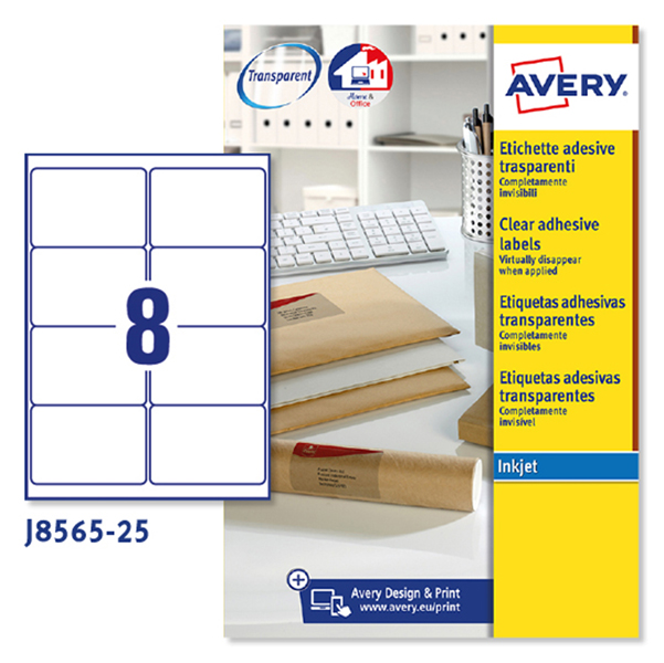 Etichetta in poliestere J8565 - adatta a stampanti inkjet - 99,1 x 67,7 mm - 8 etichette per foglio - trasparente - Avery - conf. 25 fogli A4