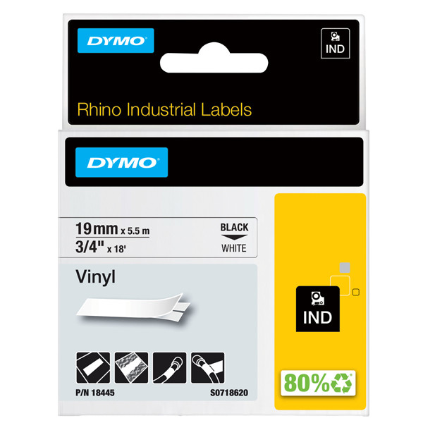 Nastro Rhino 18445 - 19 mm x 5,5 mt - vinile - permanente - nero/bianco - Dymo