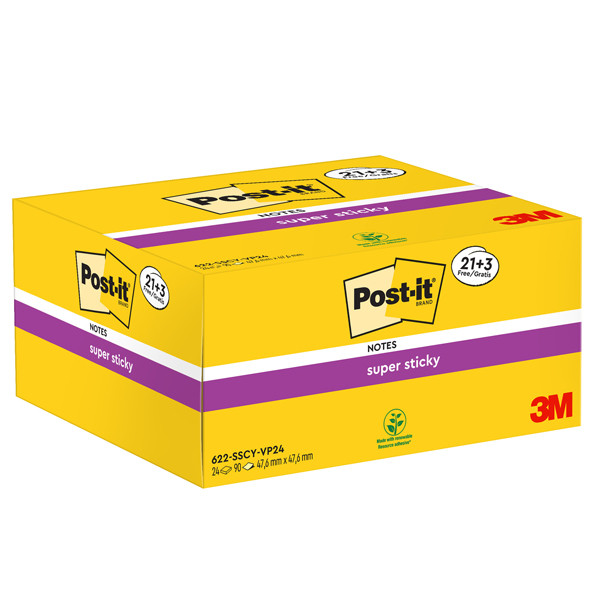 Blocco foglietti Post-it Super Sticky - 622-SSCY-VP24-EU - 47,6 x 47,6 mm - giallo Canary - 90 fogli - Post-it - conf. 24 blocchi