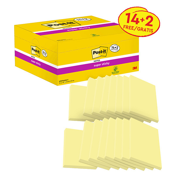 Blocco foglietti Post-it Super Sticky - 655-SSCY-VP16-EU - 76 x 127 mm - giallo Canary - 90 fogli - Post-it - conf. 16 blocchi