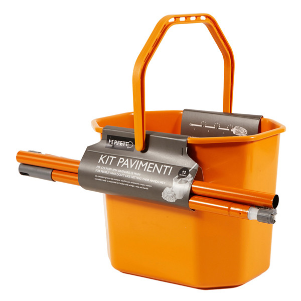Kit per pavimenti Secchiostrizza - secchio con strizzatore 12 L + mop 240 gr + manico da 130 cm - arancione - Perfetto