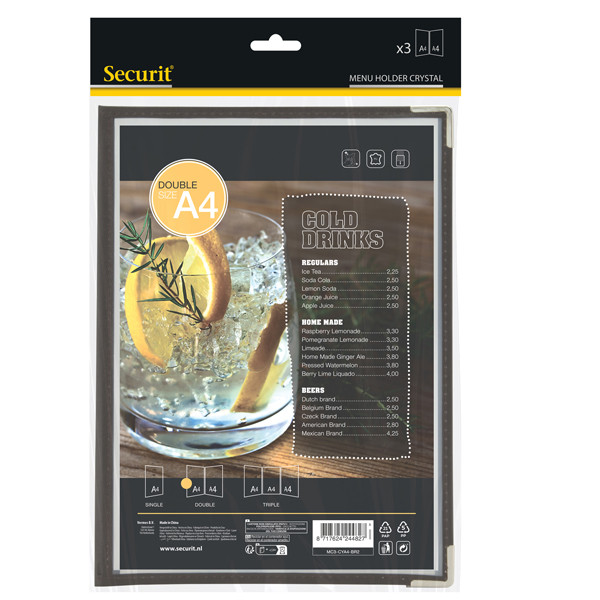 Portamen&ugrave; Crystal BR2 doppio - per 4 fogli A4 - Securit - set 3 pezzi