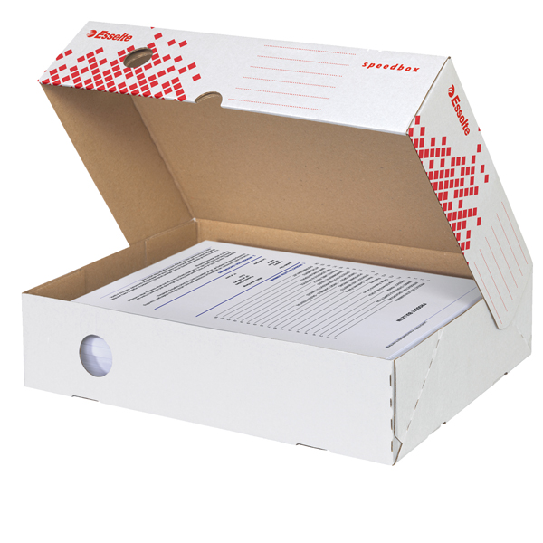 Scatola archivio Speedbox - dorso 8 cm - 35x25 cm - apertura totale - bianco e rosso -  Esselte