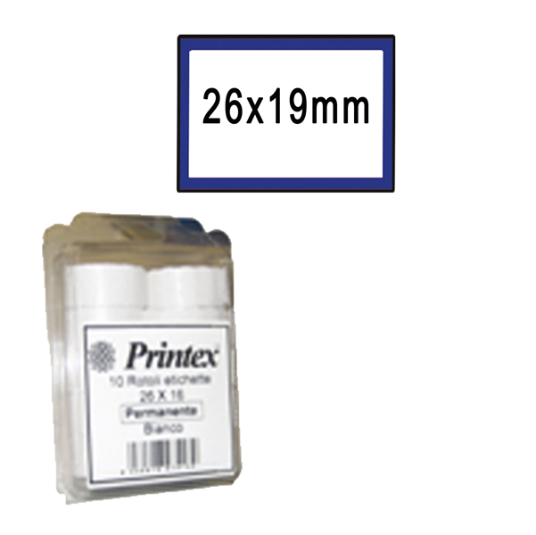 Rotolo da 600 etichette per Printex Z 17 - 26x19 mm - adesivo removibile - bianco - cornice blu - Printex - pack 10 rotoli
