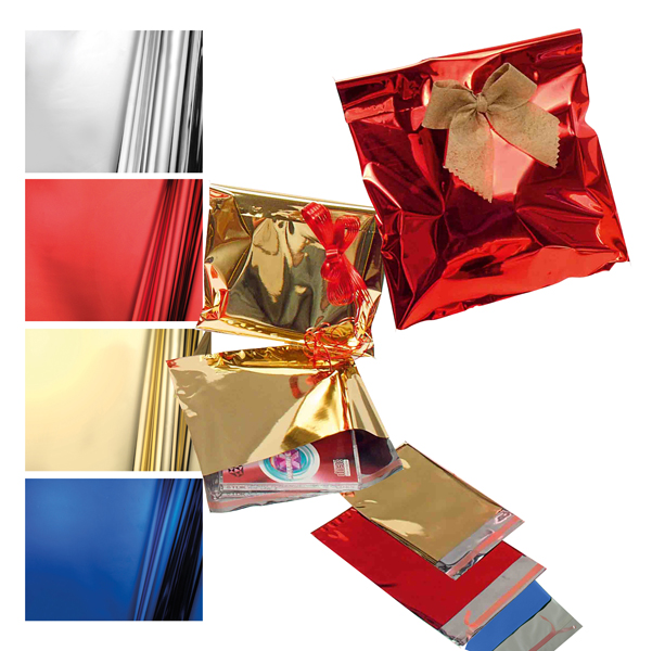 Buste regalo in PPL - metal lucido - rosso - 35 x 50 + 5cm - con patella adesiva - PNP - conf. 50 buste
