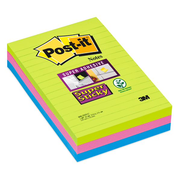 Blocco foglietti Post it  Super Sticky rettangolari - 660-3SSUC - a righe - 101 x 152 mm - colori Ultra - 90 fogli - Post it