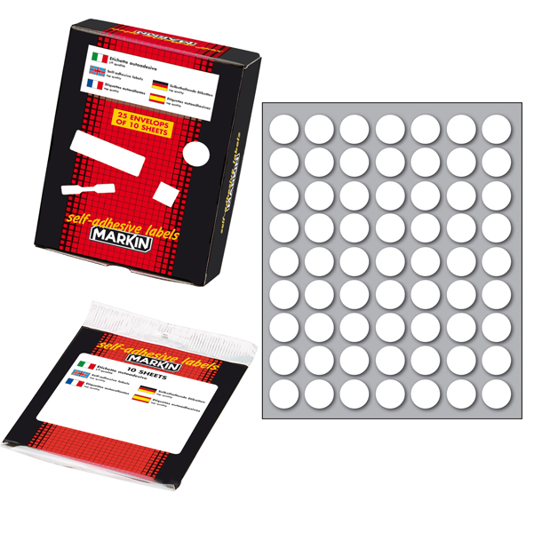 Etichetta adesiva - permanente - tonda D 14 mm - 63 etichette per foglio - 10 fogli per busta - bianco - Markin