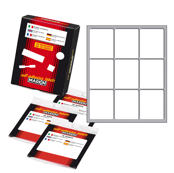 Etichetta adesiva - permanente - rettangolare - 46x37 mm - 9 etichette per foglio - 10 fogli per busta - bianco - Markin