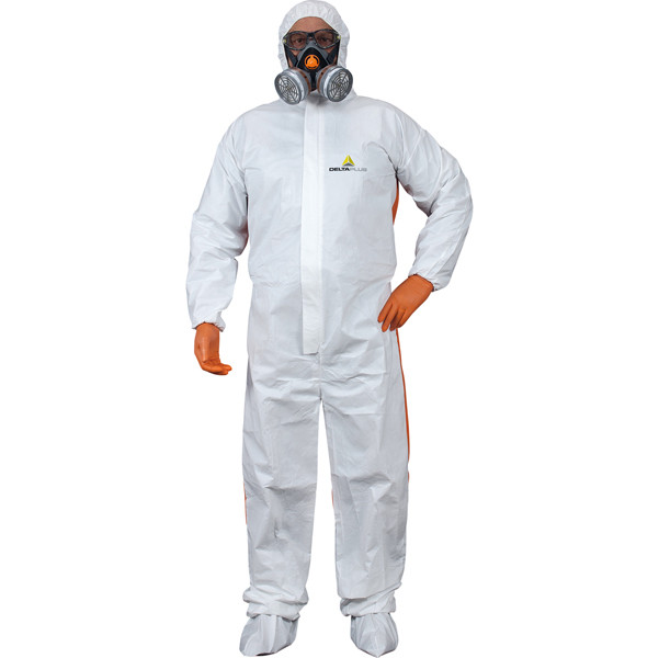 Tuta di protezione da rischio chimico DT125 - monouso - taglia XL - PP/PE - bianco/arancio - Deltaplus