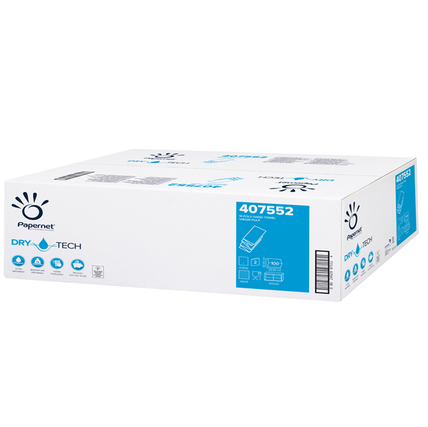 Asciugamani piegati a W Dry Tech - 2 veli - 18 gr - goffratura a onda - 20,3 x 32 cm - bianco - Papernet - conf. 100 pezzi