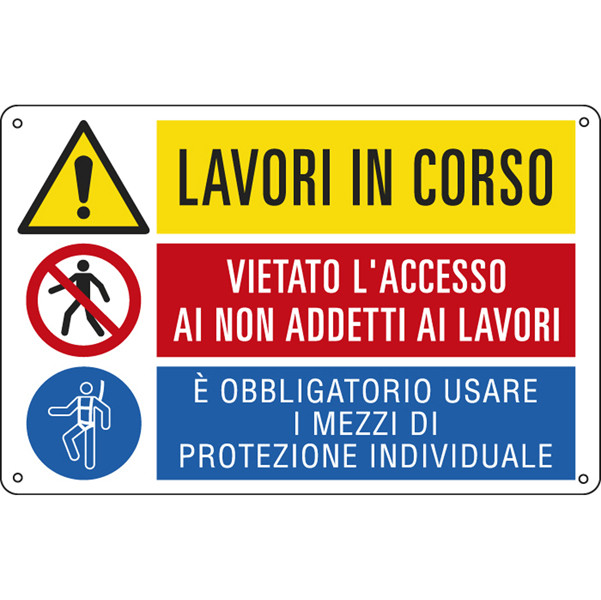 Cartello segnalatore multisimbolo - 50x33,3 cm - LAVORI IN CORSO/VIETATO L'ACCESSO&hellip;/E' OBBLIGATORIO&hellip; - alluminio - Cartelli Segnalatori