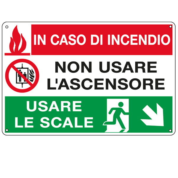 Cartello segnalatore multisimbolo - 30x20 cm - IN CASO DI INCENDIO NON USARE L'ASCENSORE&hellip; - alluminio - Cartelli Segnalatori