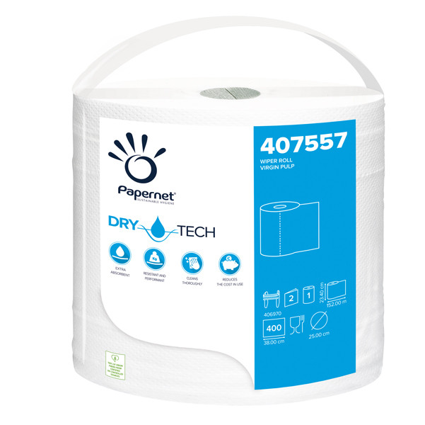 Bobina asciugatutto DryTech - 2 veli - diametro 25 cm - 23,4 cm x 152 mt - 400 strappi - finitura liscia - bianco - Papernet