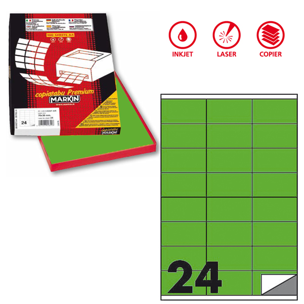 Etichetta adesiva C500 - permanente - 70x36 mm - 24 etichette per foglio - verde fluo - Markin - scatola 100 fogli A4