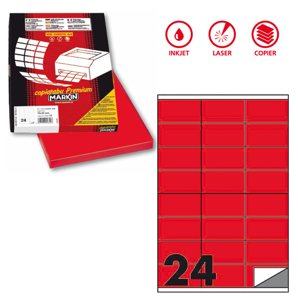 Etichetta adesiva C500 - permanente - 70x36 mm - 24 etichette per foglio - rosso fluo - Markin - scatola 100 fogli A4