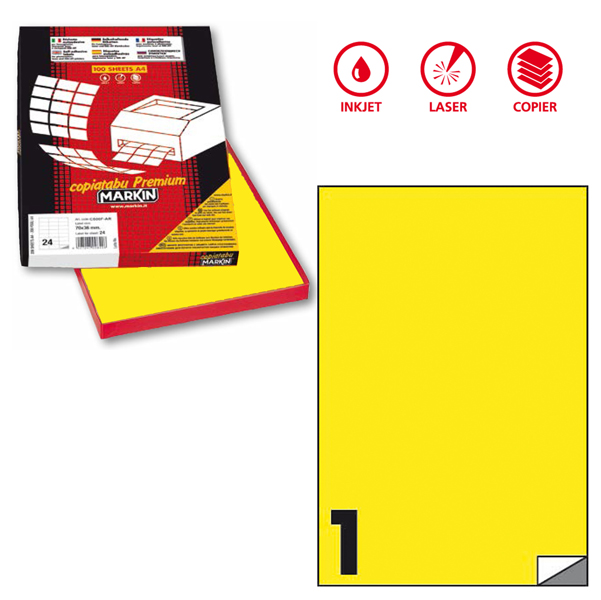 Etichetta adesiva C503 - permanente - 210x297 mm - 1 etichetta per foglio - giallo fluo - Markin - scatola 100 fogli A4