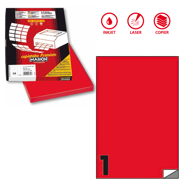 Etichetta adesiva C503 - permanente - 210x297 mm - 1 etichetta per foglio - rosso fluo - Markin - scatola 100 fogli A4