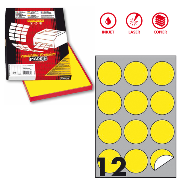 Etichetta adesiva R310 - permanente - tonda D 60 mm - 12 etichette per foglio - giallo fluo - Markin - scatola 100 fogli A4