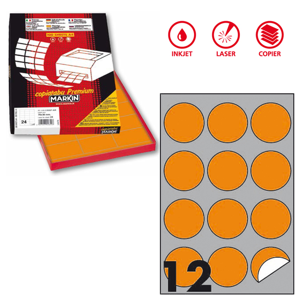 Etichetta adesiva R310 - permanente - tonda D 60 mm - 12 etichette per foglio - arancio fluo - Markin - scatola 100 fogli A4