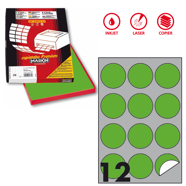 Etichetta adesiva R310 - permanente - tonda D 60 mm - 12 etichette per foglio - verde fluo - Markin - scatola 100 fogli A4