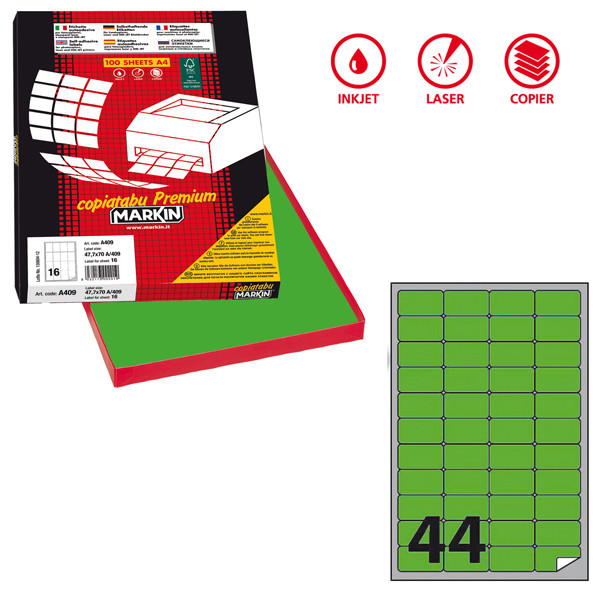 Etichette adesive A/406 - in carta - permanenti - 47,5 x 25,5 mm - 44 et/fg - 100 fogli - verde fluo - angoli tondi - Markin