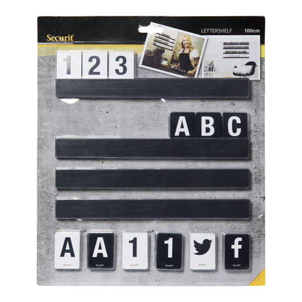 Kit Letter Shelf - mensola porta messaggi nera + 169 tessere (lettere e numeri) - Securit