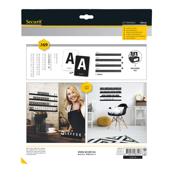 Kit Letter Shelf - mensola porta messaggi nera + 169 tessere (lettere e numeri) - Securit