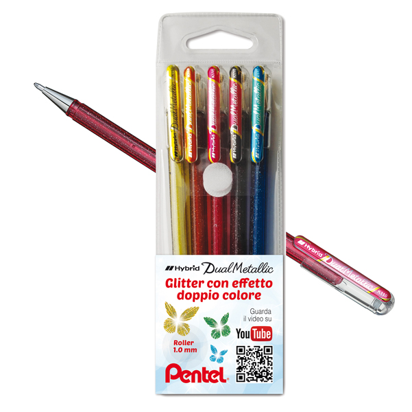 Roller gel Hybrid Dual Metallic - punta 1,0mm - 5 colori assorititi - Pentel - astuccio 5 roller