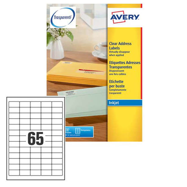 Etichetta adesiva J8651 - adatta a stampanti inkjet - 38,1x21,2 mm - permanente - bianco - Avery - 65 etichette per foglio - conf. 25 fogli A4