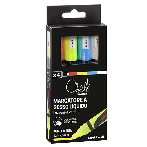 Marcatore a gesso liquido Uni Chalk Marker - punta tonda 1,80 - 2,50 mm - Uni Mitsubishi - busta 4 pezzi