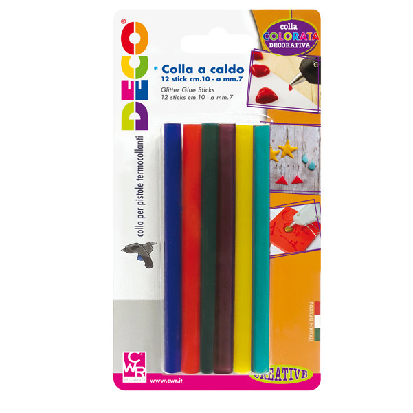 Colle stick per pistole mini - colori assortiti - &oslash; 7 mm - lunghezza 10 cm - Deco - conf. 12 pezzi
