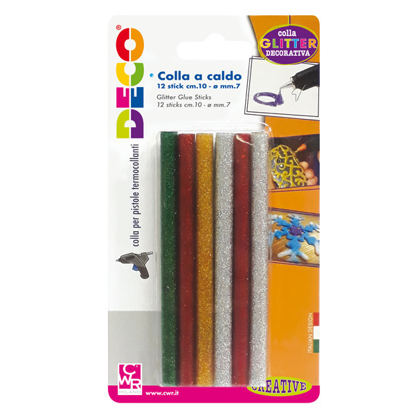 Colle stick per pistole mini -  glitter assortiti - &oslash; 7mm - lunghezza 10 cm - Deco - conf. 12 pezzi