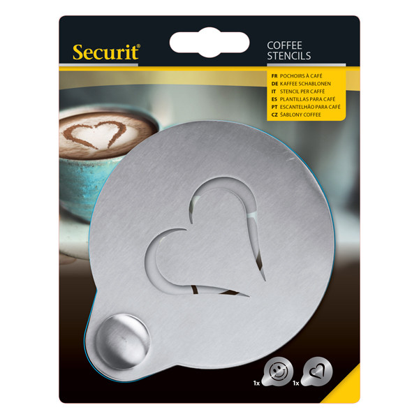 Stencil per caffè - 10 x 12,4 x 0,1 cm - forma cuore e smile - Securit - set 2 pezzi