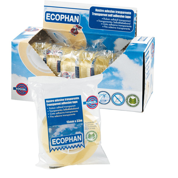 Nastro adesivo Ecophan - confezionato singolarmente - 15 mm x 33 m - acrilico - trasparente - Eurocel