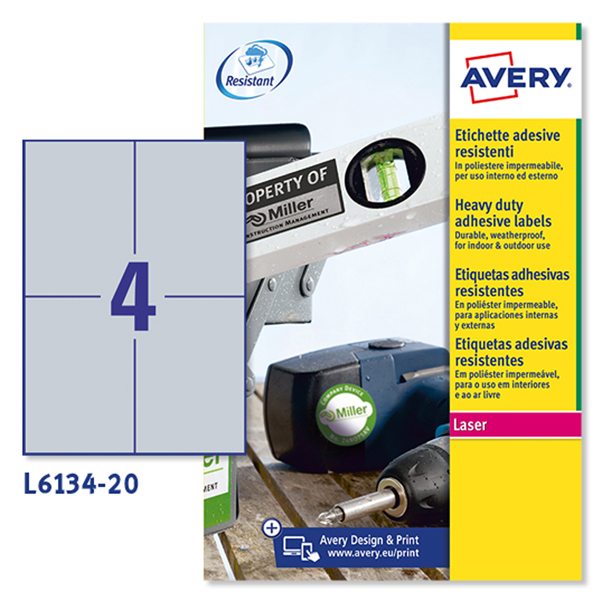 Etichetta in poliestere adesivo L6134 - adatta a stampanti laser - 105 x 148 mm - 4 et/fg - argento - Avery - conf. 20 fogli A4