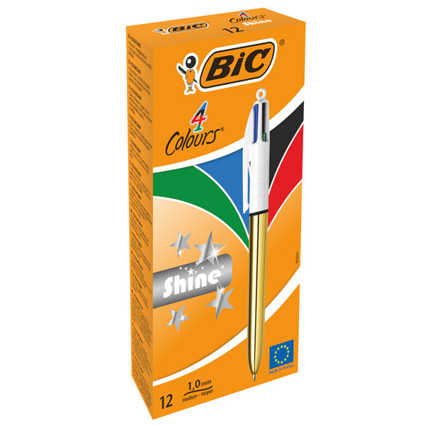 Penna a sfera scatto multifunzione 4 Colours Shine - punta 1,0 mm - fusto oro - Bic &ndash; conf. 12 pezzi