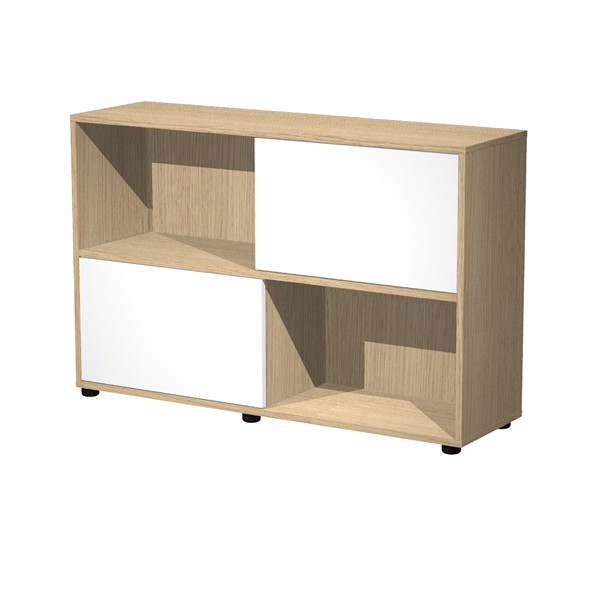 Libreria bassa Tetris a 2 ripiani ante scorrevoli - 120x35x79 cm - rovere/bianco